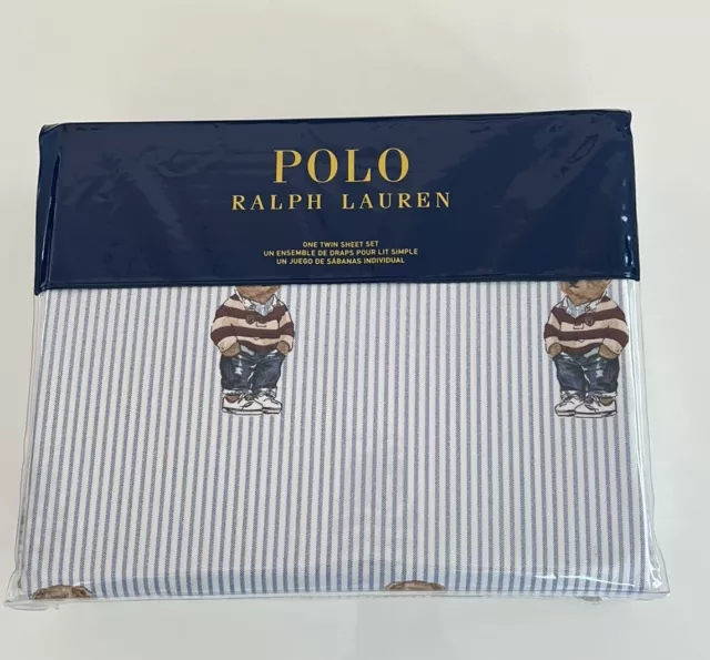 JUEGO DE HOJAS DOBLES Ralph Lauren POLO A RAYAS AZULES Algodón NIÑO DE PELUCHE 3 PIEZAS