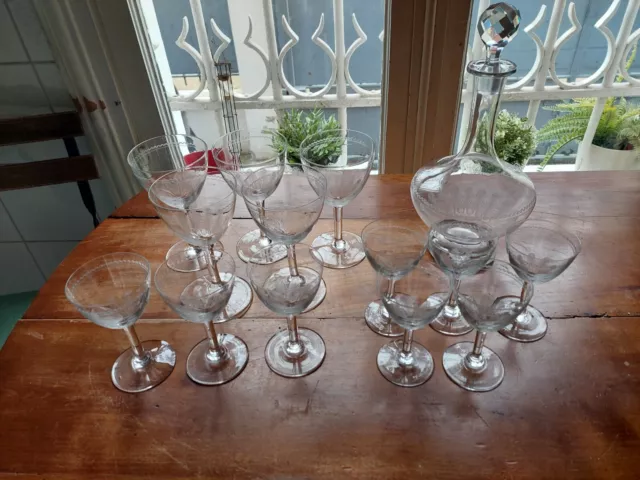 lot verres carafe broc pichet cristal taillé arabesque