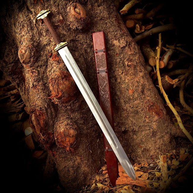 Hand Forged Custom Viking Sword With Engraved Leather Scabbard Battle Gift