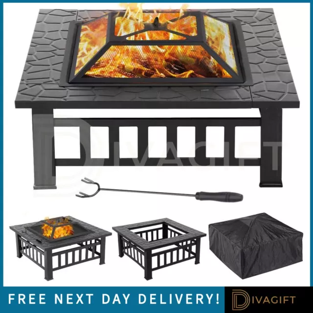 LARGE FIRE PIT Bbq Outdoor Iron Grill Square Garden Table Patio Log