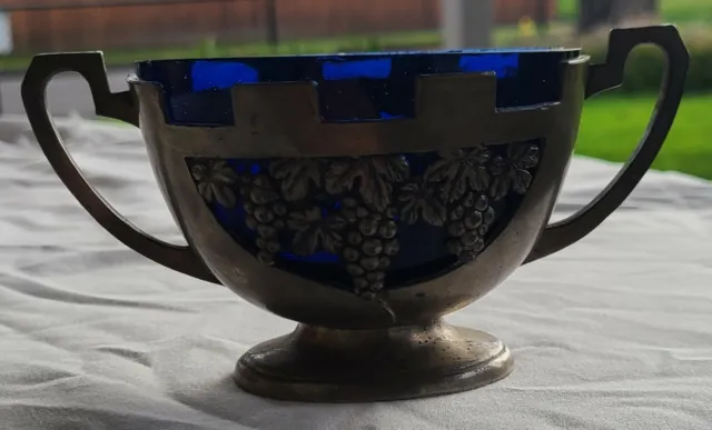 Vintage Silverplate Basket with Cobalt Blue Bowl Grapes & Leaves Made in Japan
