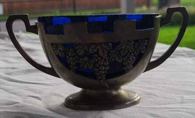 Vintage Silverplate Basket with Cobalt Blue Bowl Grapes & Leaves Made in Japan