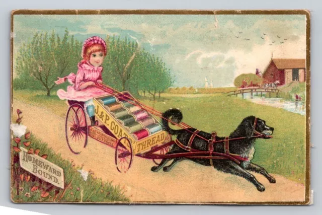 J P Coats Fantasy Dog Pulls Cart Girl Thread   P162