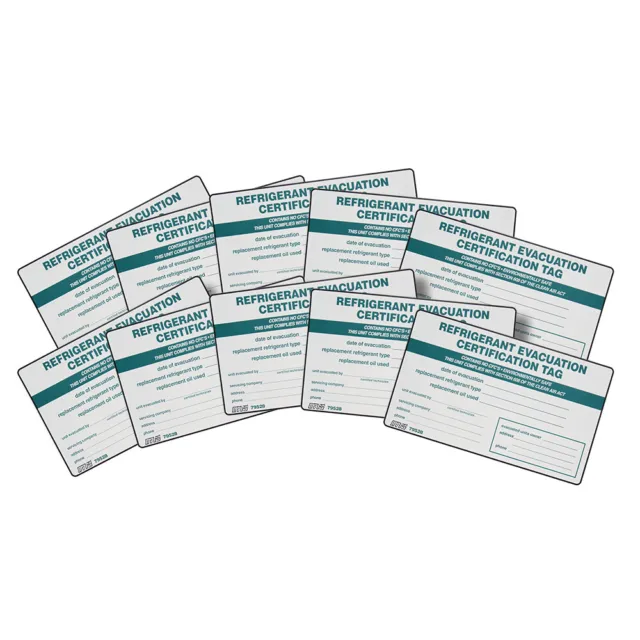 Pack of (10) REFRIGERANT EVACUATION Certification Tag / REFRIGERANT I.D. Label