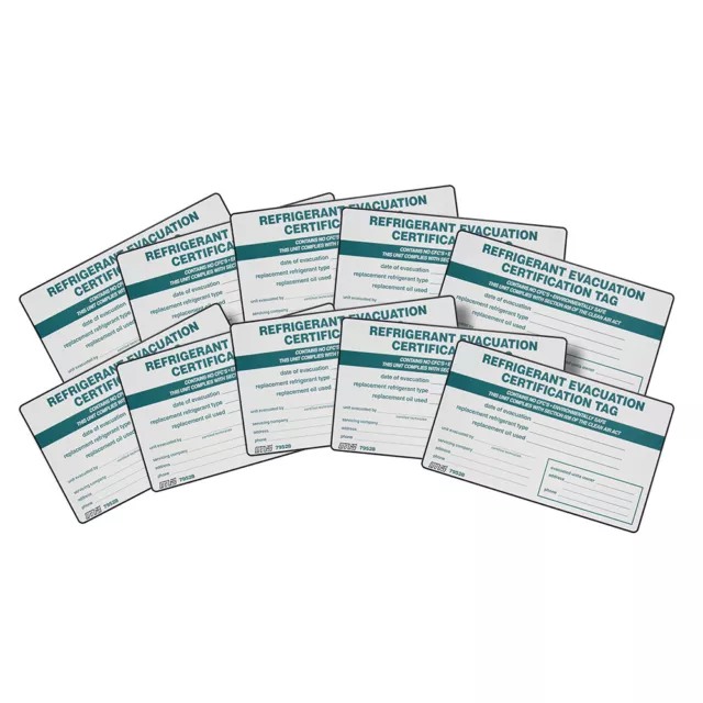 Pack of (10) REFRIGERANT EVACUATION Certification Tag / REFRIGERANT I.D. Label