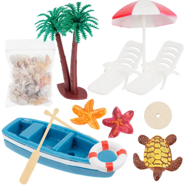 Set De 15 Miniatures Plage – Parasol, Chaises, Palmiers, Bateau, Tortue – Déco DIY Jardin, Bac à Sable, Piscine