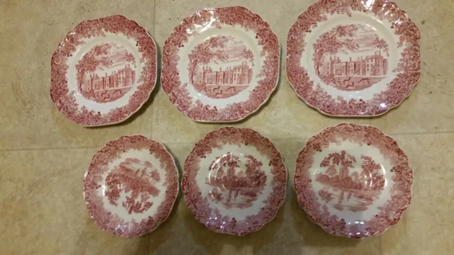 Vintage J & G Meakin Romantic England Red Plates Dinner Set of 6 Ironstone