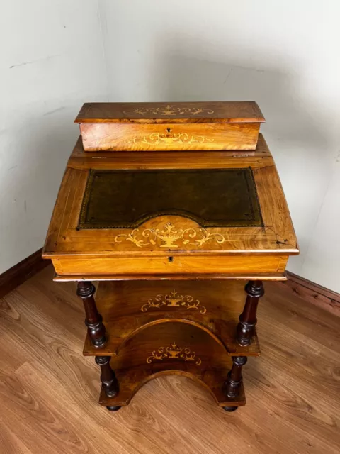 Antique Late Victorian Walnut Open Shelf Davenport Desk Inlaid Bureau Original