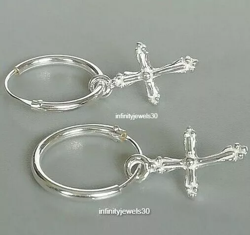 Sólido 925 Plata de Ley Cruz Aro Earring-Baptism Earring-Christmas Joyería 3