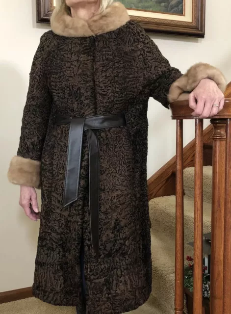 Brown Persian Lamb Full Length Coat With Mink Collar and Cuffs Vintage Size S