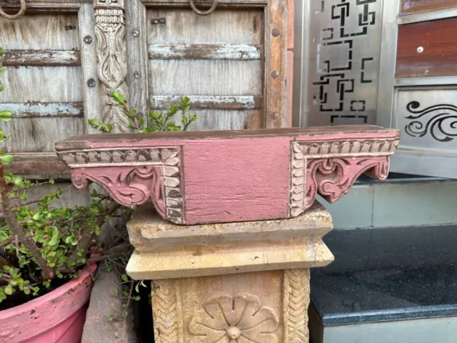 1700' Ancient Wooden Hand Carved Floral Pink Painted Base Stand Bracket Panel