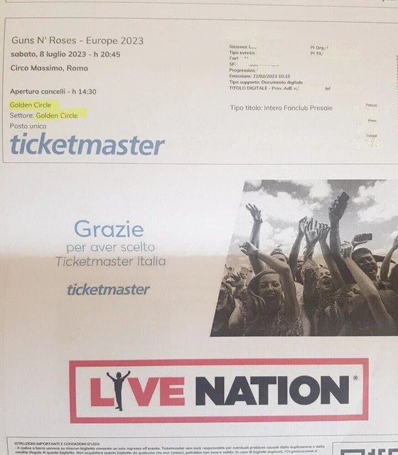**Guns N'Roses - Roma 8 Luglio 2023 - Circo Massimo - Gold Circle**  1 Biglietto