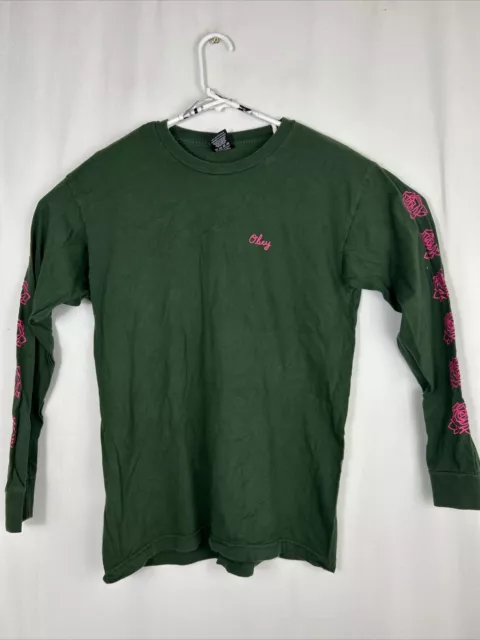 Obey Womens Medium Green Long Sleeve Roses Graphic Tee T-Shirt