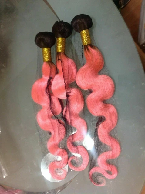 3BUNDLES REAL PERUVIAN OMBRE BODY WAVES HAIR 2TONES 1b#/PINK 300g 12A FAST SHIP