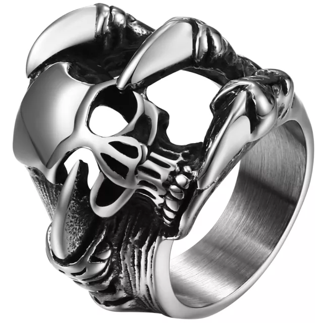 Men's Gothic Biker Dragon Claw Skull Ring Stainless Steel Skeleton Ghost Band