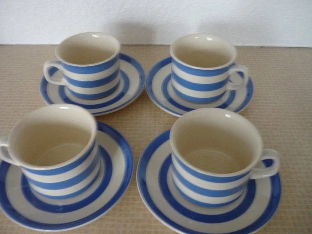 Vintage Tg Green Cloverleaf 4 X Cups + Saucers Blue & White Stripe