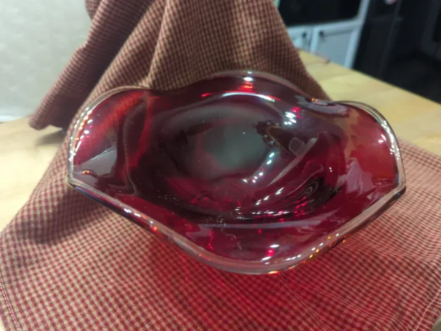 Vintage Red Art Glass mid century Footed Compote Ruffled Bowl Clear Edge & Base