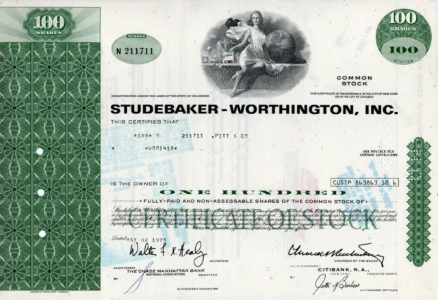 Studebaker- Worthington, Inc. Stock Certificate 100 Shares