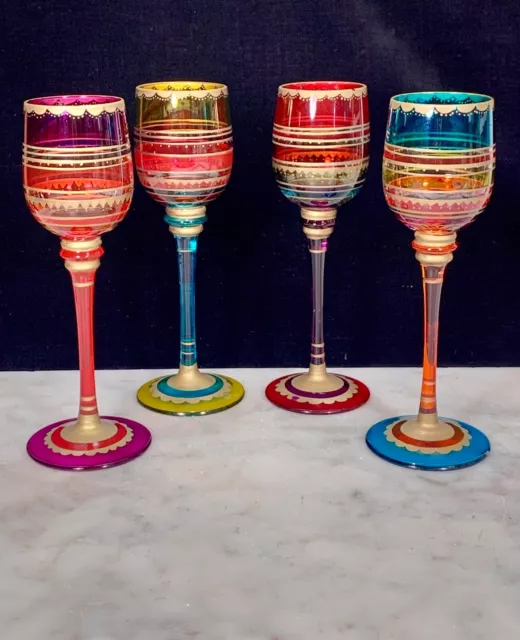 Four (4) Pier 1 Festive Stripe 6-3/4”Wine Glasses