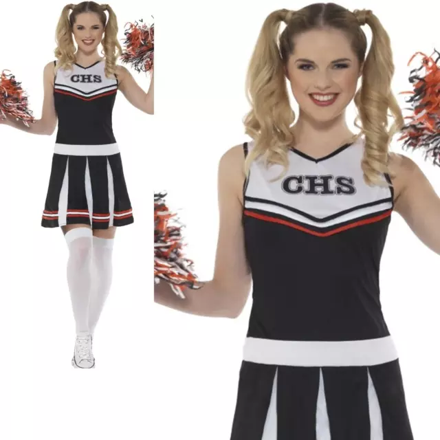 Ladies Cheerleader Costume + Pom Poms High School Adult Women Fancy Dress New