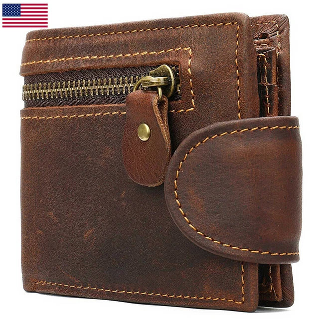 Genuine Leather Mens Wallet RFID Bifold Credit Card Holder Zipper Pocket Purse