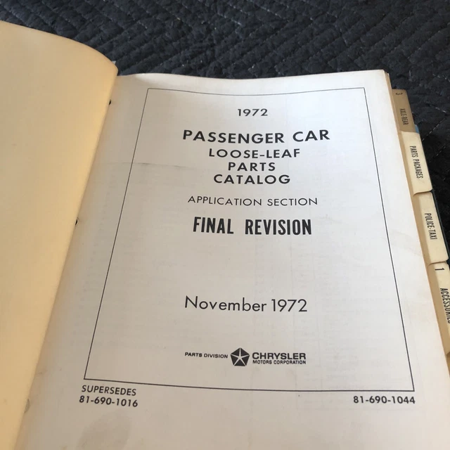 Original 1972 Mopar Chrysler Dodge Plymouth Car Parts List Catalog