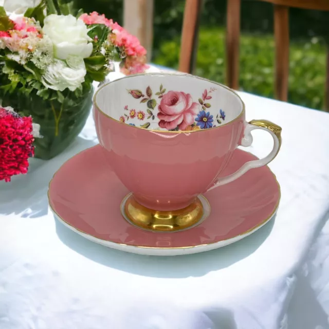 Vintage AYNSLEY Tea Cup & Saucer Pink Cabbage Roses Floral Spray Gold Accent