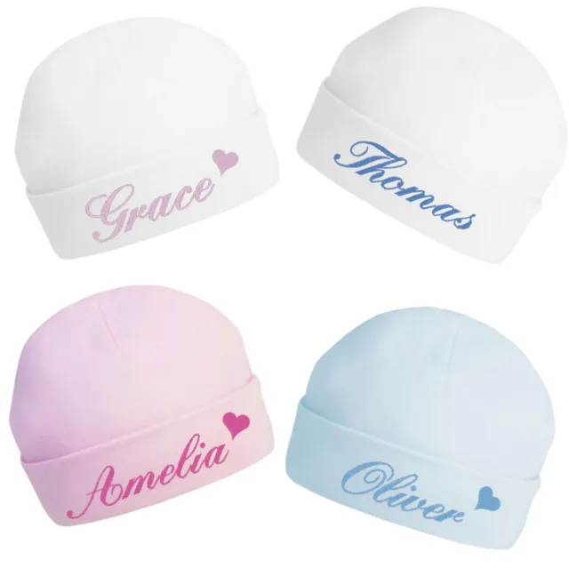 Baby Beanie Hat Personalised Embroidered Name Heart Script Cotton Shower Gift