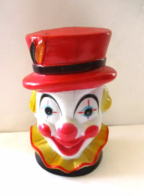Vintage 60's Krako's Circus Clown Head Coin Piggy Bank Hard Plastic w/Stopper