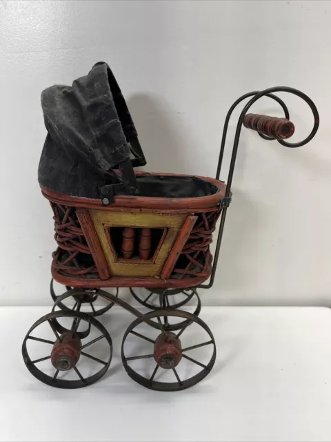Victorian Baby Doll Buggy Canvas Canopy Metal And Wood Wheels Antique