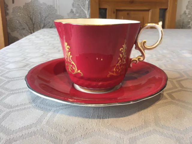 Lovely Vintage Aynsley Bone China Dark Red  / Maroon & Gold Cabinet Cup & Saucer