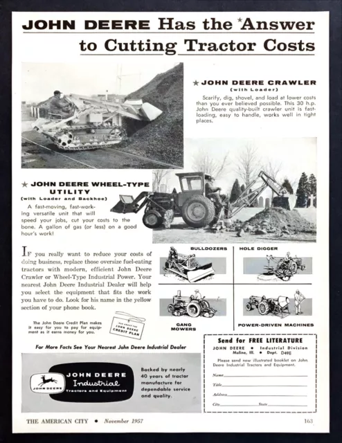 1957 John Deere Crawler Loader & Backhoe photo "Cuts Costs" vintage print ad