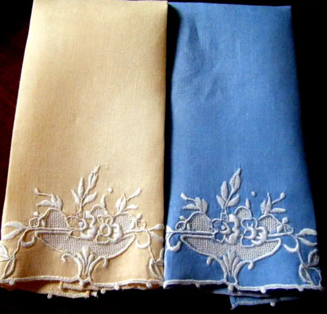 2 Antique Madeira Child Guest Mini Fingertip linen towels hand embroidered 15x8"