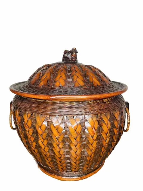 Vintage Oriental Shanghai Hand Woven Wicker Large Jar , Lacquered Surface RARE