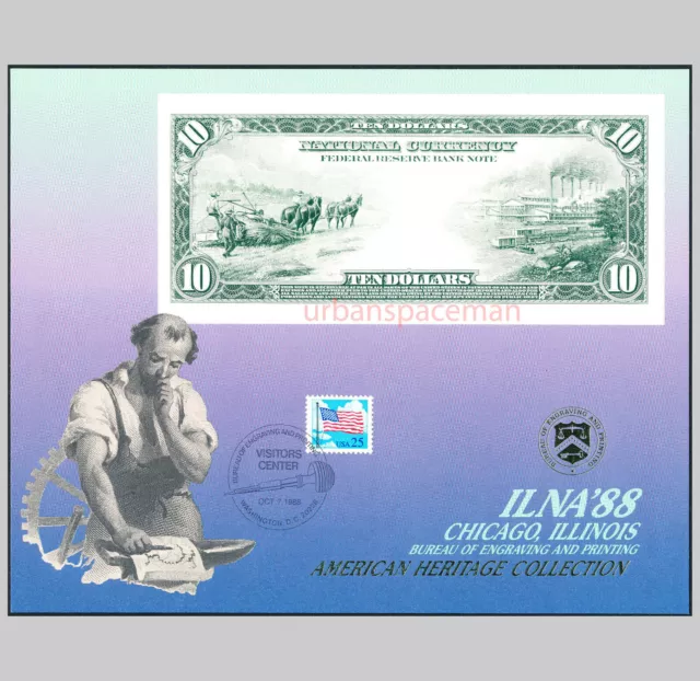 B119 ILNA '88 BEP Souvenir Card back $10 FR Note 1915 Visitor Center Cancel