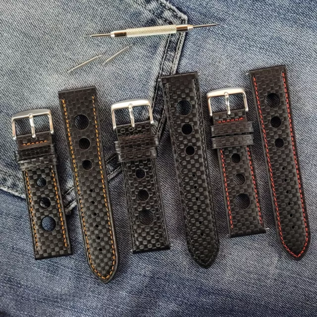 Carbon Fibre Pattern Leather Watch Band | Perforated Rally Strap 18/20/22/24mm