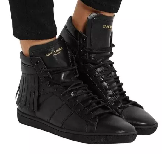 $895 YSL 45/US 12 Fringed Black Leather High Top Sneaker Saint Laurent Lace Up