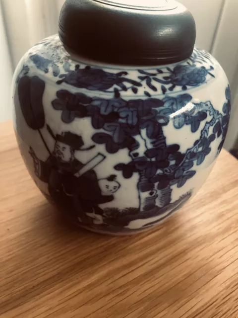 Vintage Chinese Blue And White Ginger Jar Decorated With Figures