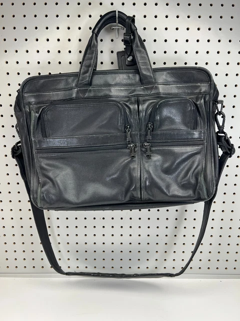 TUMI Alpha Black Leather Expandable Messenger Laptop Briefcase Bag #904D3