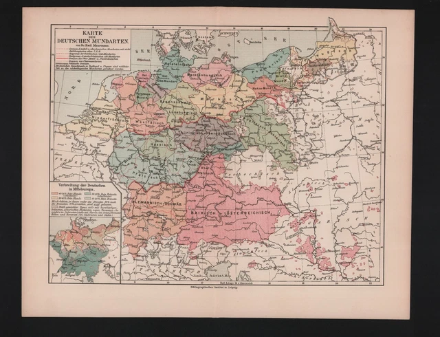 Uk Map 1908 LANDKARTE MAP 1908: Karte der Deutschen Mundarten. Dr. Emil Maurmann £ ...