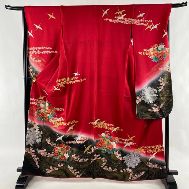 Japanese Silk Kimono Vintage Furisode Gold Crane Flower Red Various Color 64"