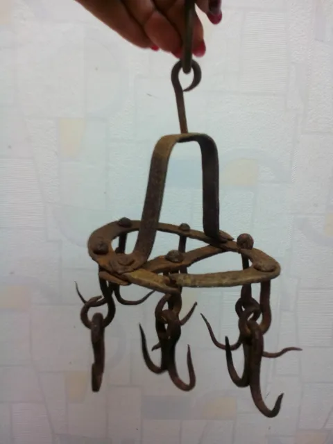Antique Very Rare Old Hand Forged Wrought Iron Hook Hanger 19Th