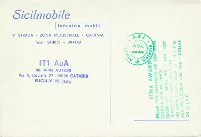 7459 Amateur Radio QSL Card  SICILMOBILE CATANIA ITALY ETNA AWARD