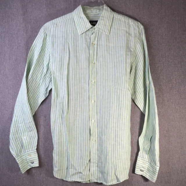 Neiman Marcus Mens L Linen Long Sleeve Button Down Green Striped Shirt MS72