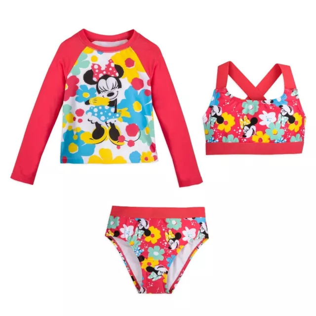 NWT Disney Store Minnie Mouse Rash Guard  Deluxe Swimsuit Girls 3 pc UPF 50+