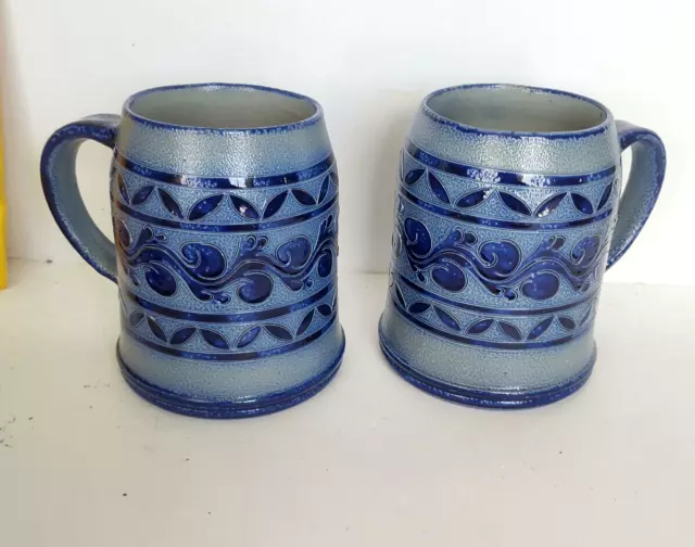 Vintage Ceramic Beer Stein Mugs Salt Glazed Colbalt Blue Gray Stoneware Germany