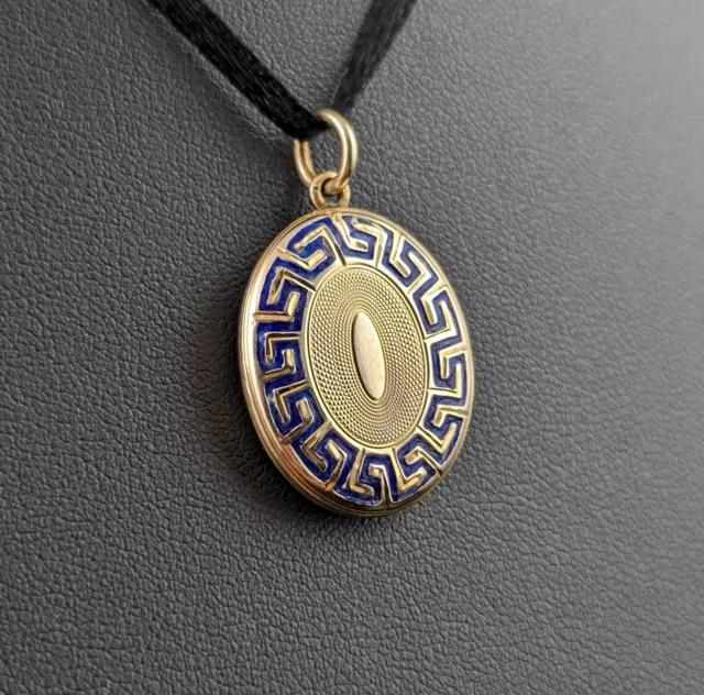 Antique gold Blue enamel mourning locket, Greek key design