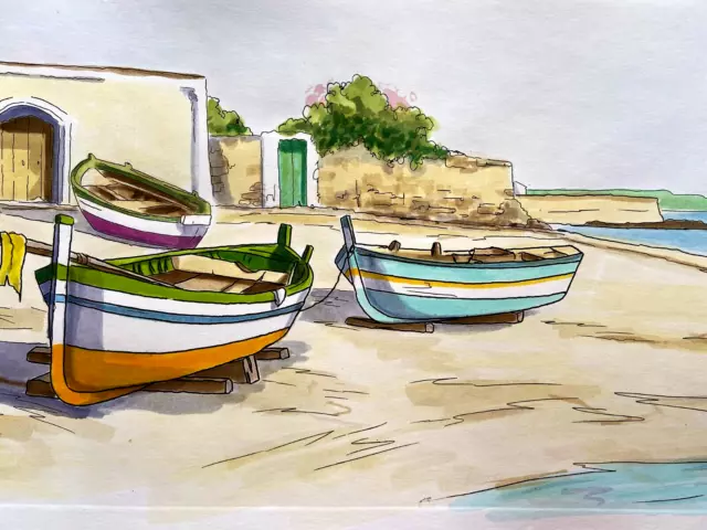 Aldo Riso '' La Casa Del Pescador'' -acquaforte Pintado A mano 35x100