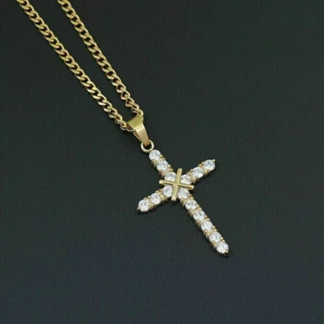 3Ct Round Cut Lab Created Diamond Women's Cross Pendant 14K Yellow Gold Finish