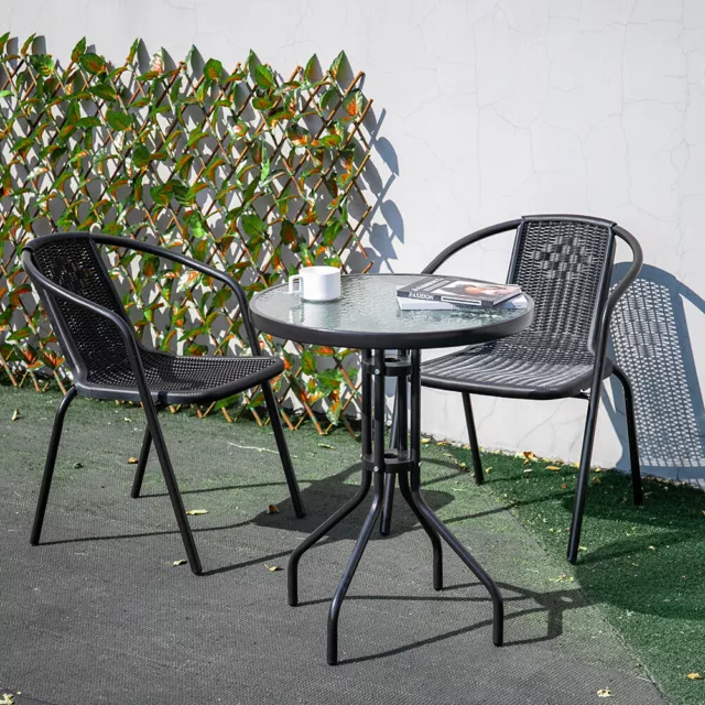 Garden Bistro Patio Furniture Set Round Glass Table Wicker Chairs Outdoor Indoor